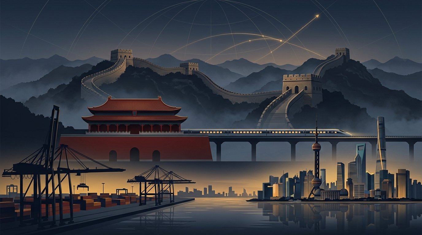 Ilustração editorial da China com a Grande Muralha, monumentos cívicos e a hipermodernidade de trens de alta velocidade e megaportos ao crepúsculo