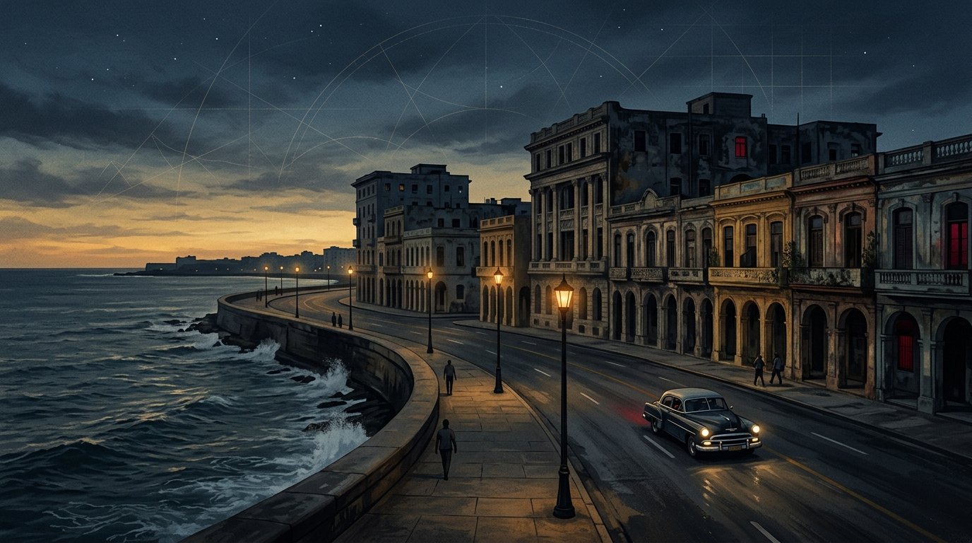 Ilustração editorial de Havana ao crepúsculo ao longo do Malecón marítimo com automóvel clássico dos anos 50