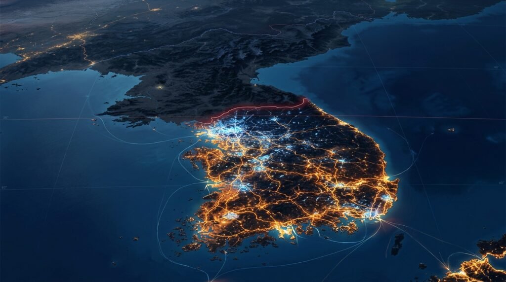 Ilustração editorial em perspectiva orbital noturna da Península Coreana dividida no Paralelo 38: Coreia do Sul intensamente iluminada e Coreia do Norte às escuras.