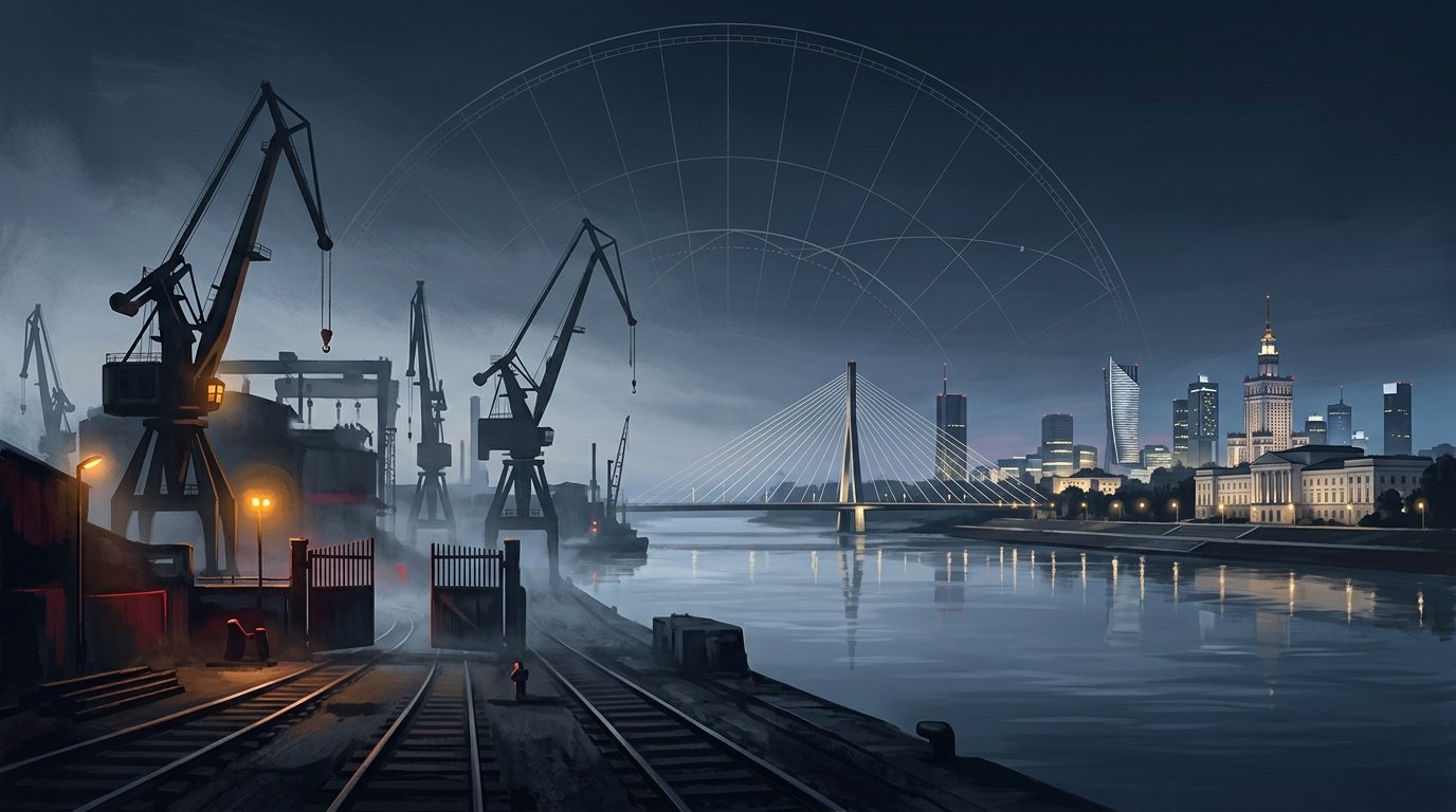 Ilustração editorial da Polônia retratando os históricos guindastes industriais dos estaleiros de Gdańsk e a moderna paisagem urbana iluminada de Varsóvia sob o crepúsculo europeu