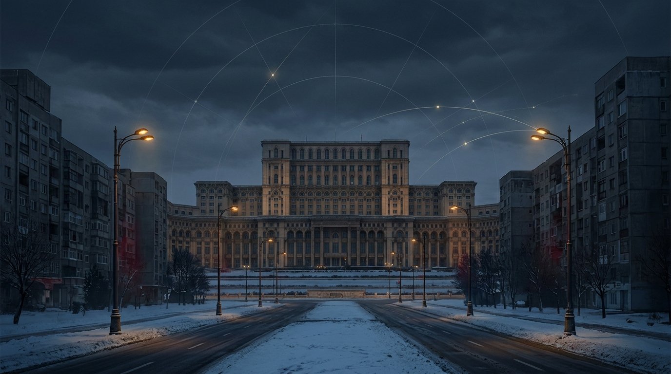 Ilustração editorial da Romênia mostrando a colossal silhueta do Palácio do Parlamento ao crepúsculo de inverno e a transição democrática europeia