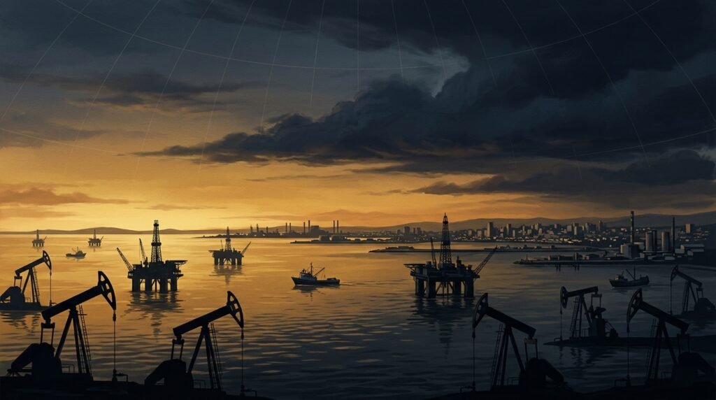 Ilustração editorial em perspectiva ao entardecer no Lago de Maracaibo com bombas de extração de petróleo e plataformas em silhueta sob céu carregado, simbolizando o esgotamento do modelo estatista venezuelano.