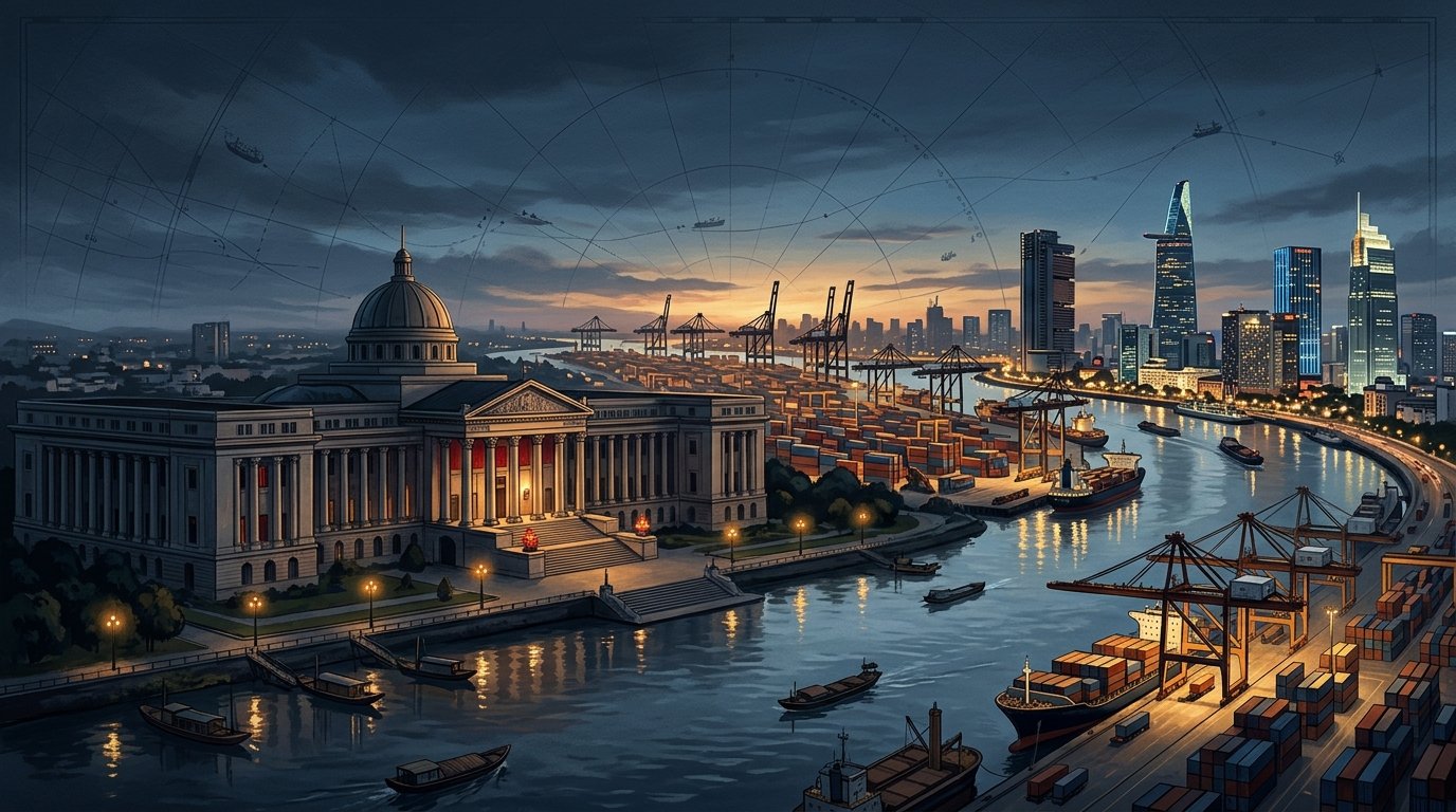 Ilustração editorial do Vietnã com o contraste entre terminais industriais modernos e a centralização arquitetônica estatal